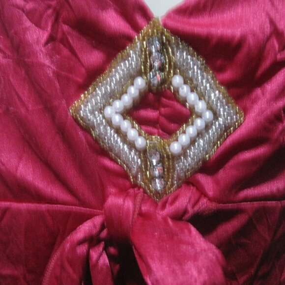 Star City Women's Medium Red Silk Fancy Top Gold and Pearl Applique Bodice - Picture 2 of 6